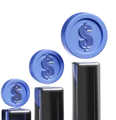 Chart with ascending columns topped with blue coins featuring dollar signs.